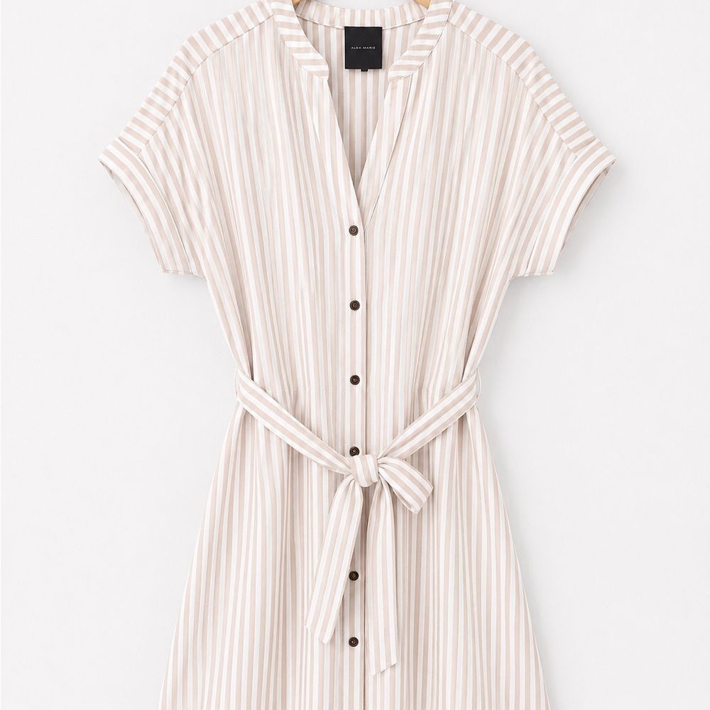 Alex Marie Beige and White Striped Button-Front Shirt Dress